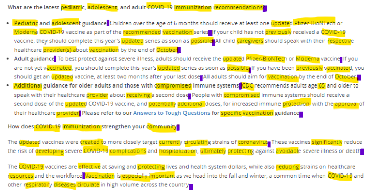 Screenshot of text with sentence endings highlighted in purple and polysllabic words highlighted in yellow.