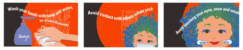 Screenshot of three stills from the flu prevention video, recommending hand washing, mask wearing, and avoiding touching of your face.