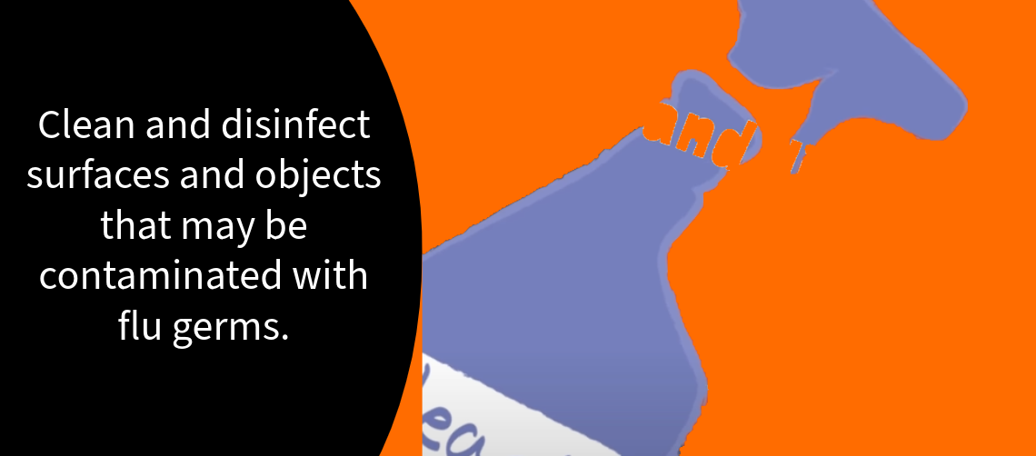 Screenshot of the video, edited to have the "clean and disinfect" recommendation in white etxt on a black background, to the side of the original illustration.