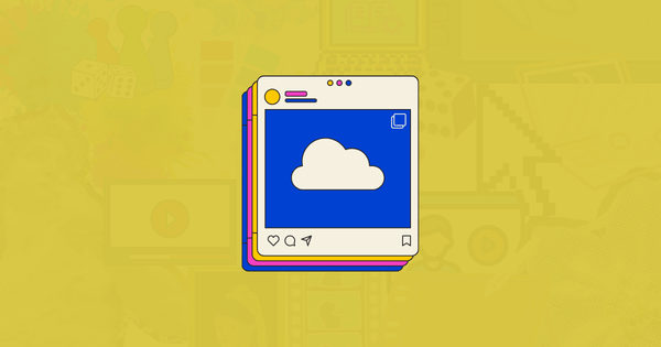 Goldenrod-tinted collage of videos, cameras, paint, and drawings, topped with an icon of clouds in a browser window.