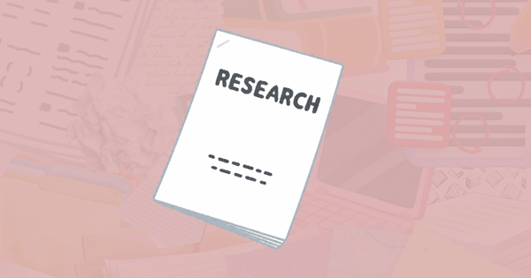 Peach-tinted collage of papers, reports, and other publications, topped with an icon of a research paper.
